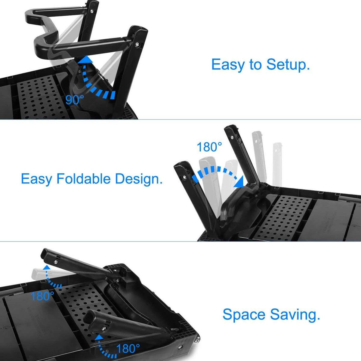 Foldable laptop cooling table with adjustable stand angles and ventilated platform