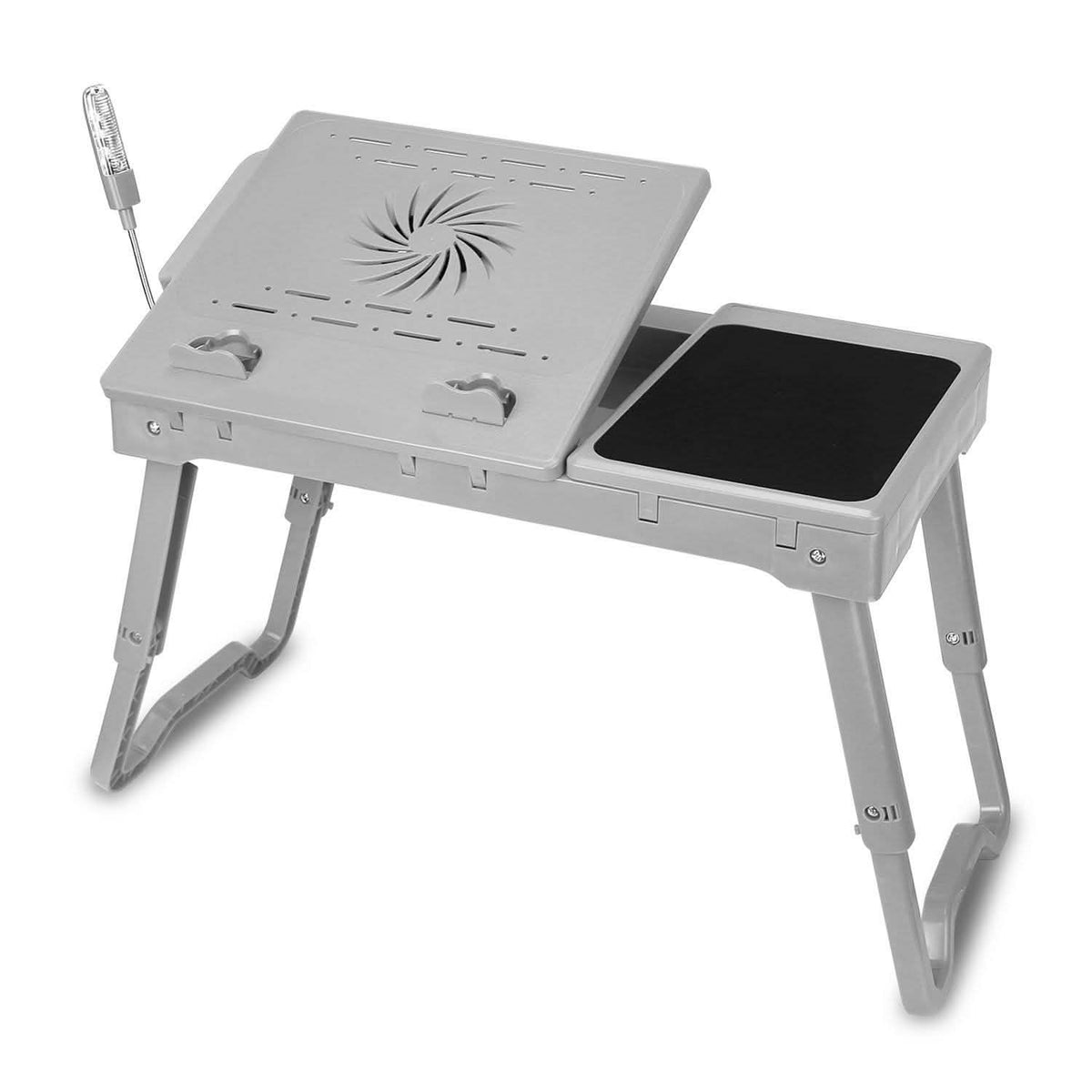 Gray foldable laptop cooling fan table with vented top and side mouse tray, folding legs