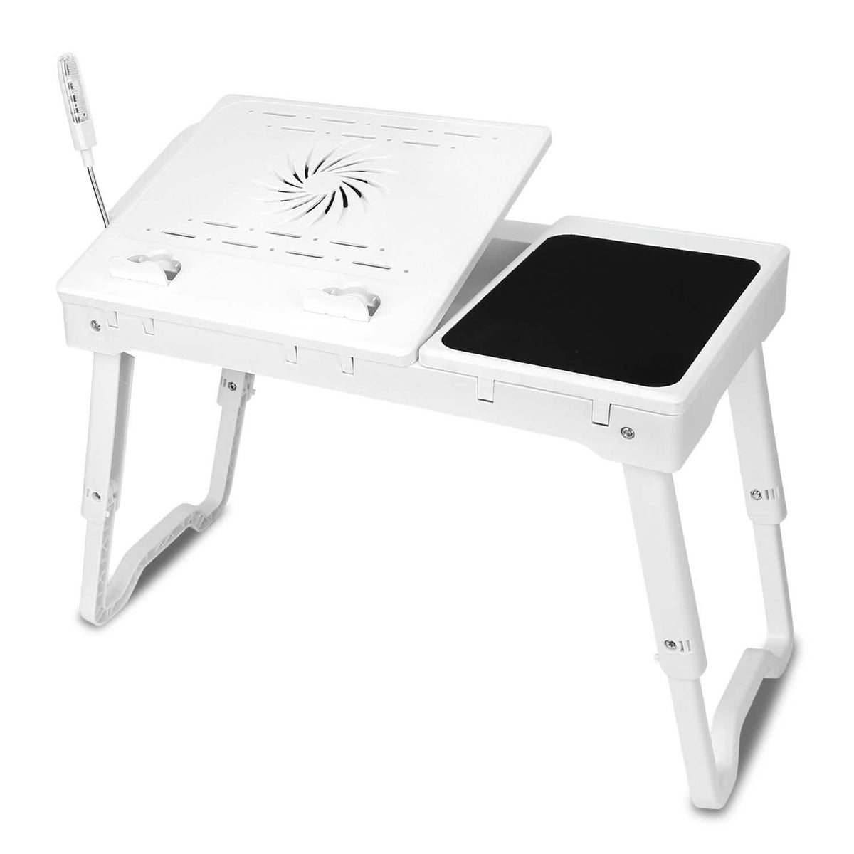 White foldable laptop table with dual surfaces and cooling fan vent