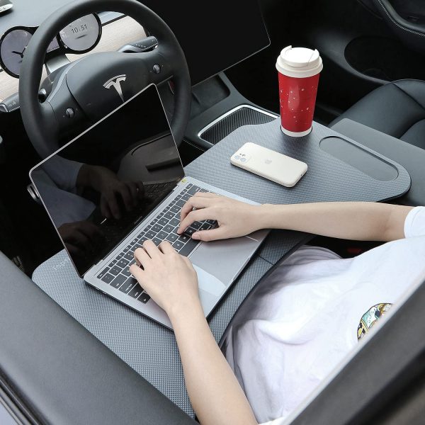 TESERY foldable car laptop work desk, carbon black tray with laptop and drink cup