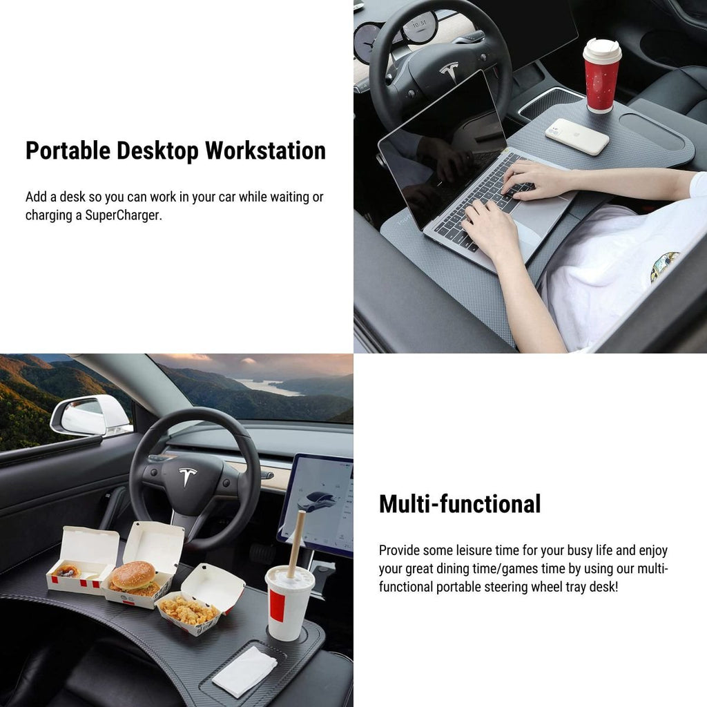 TESERY foldable car laptop work desk, carbon black tray with phone and coffee cup