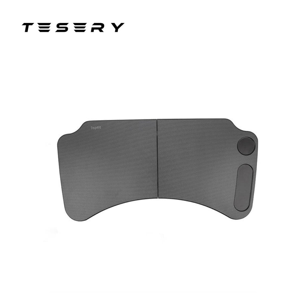 TESERY foldable car laptop work desk, oval carbon black tray with side cutout