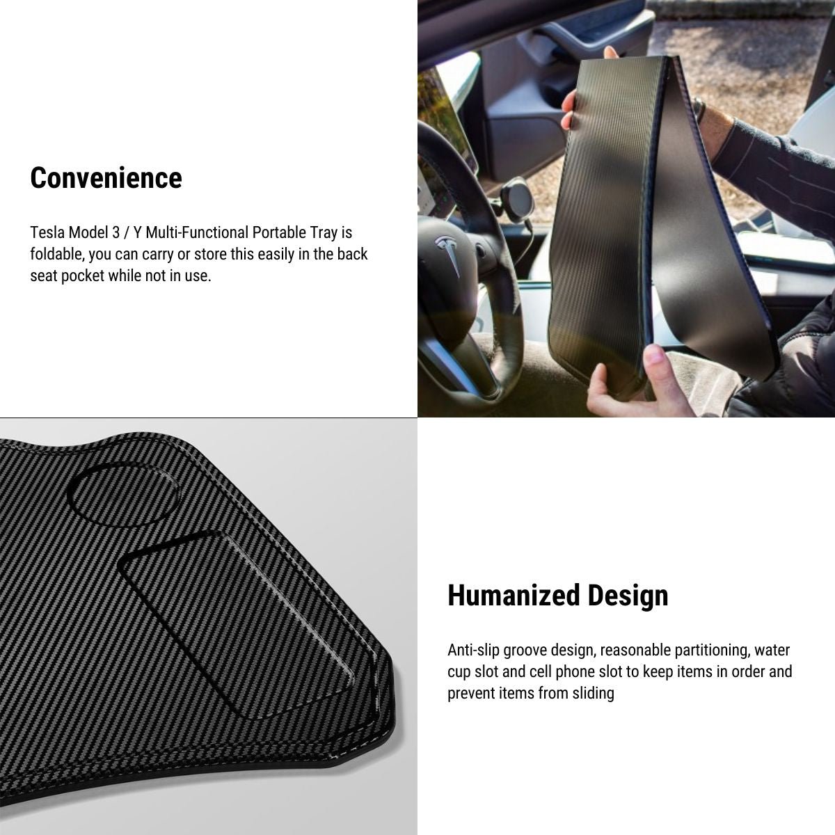 TESERY foldable car laptop work desk, carbon black tray for back-seat use