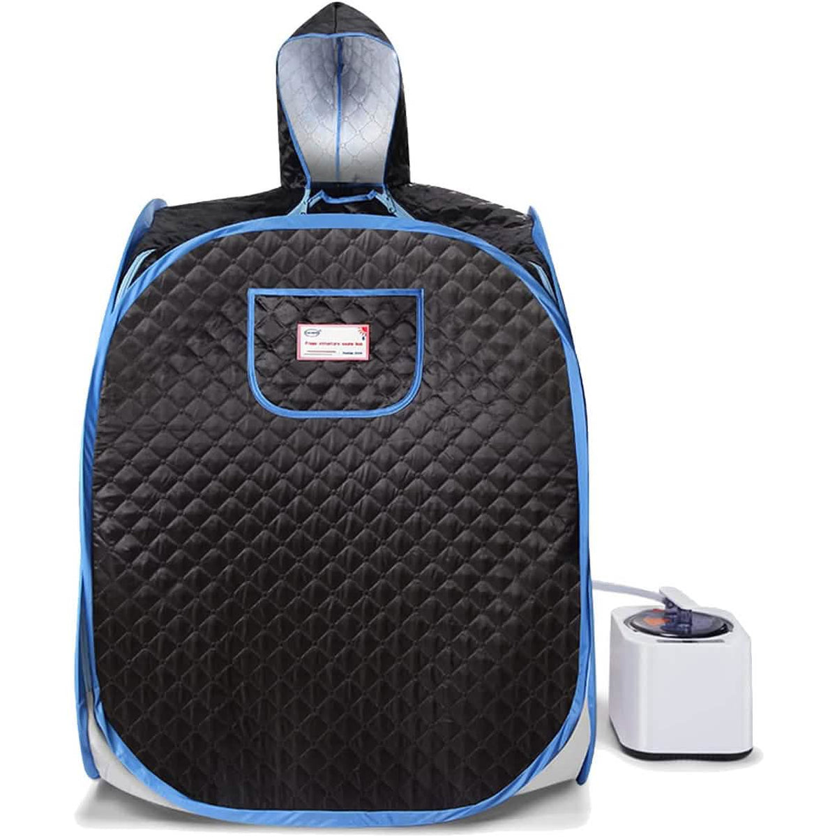 Foldable lightweight personal sauna tent with hooded opening, black quilted fabric and blue trim