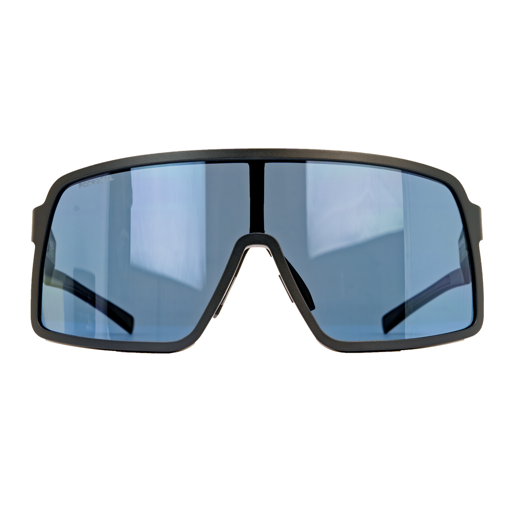 Black frame polarized sunglasses with blue anti-reflective mirrored lenses