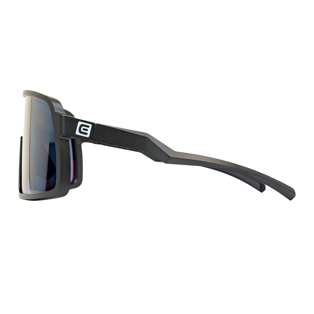 Black sunglasses side view with blue mirrored lens and angular temple
