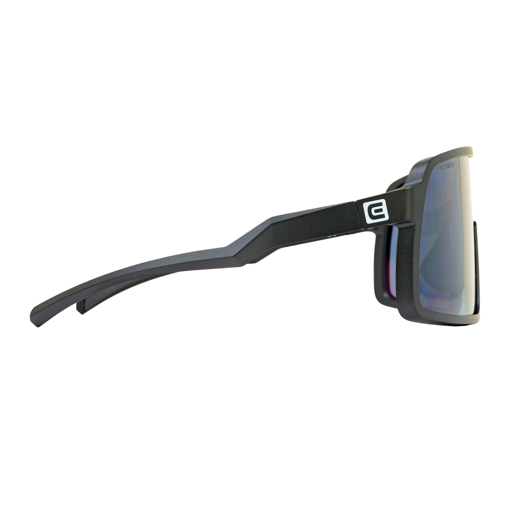 Black sunglasses profile view with blue mirrored lens and logo temple