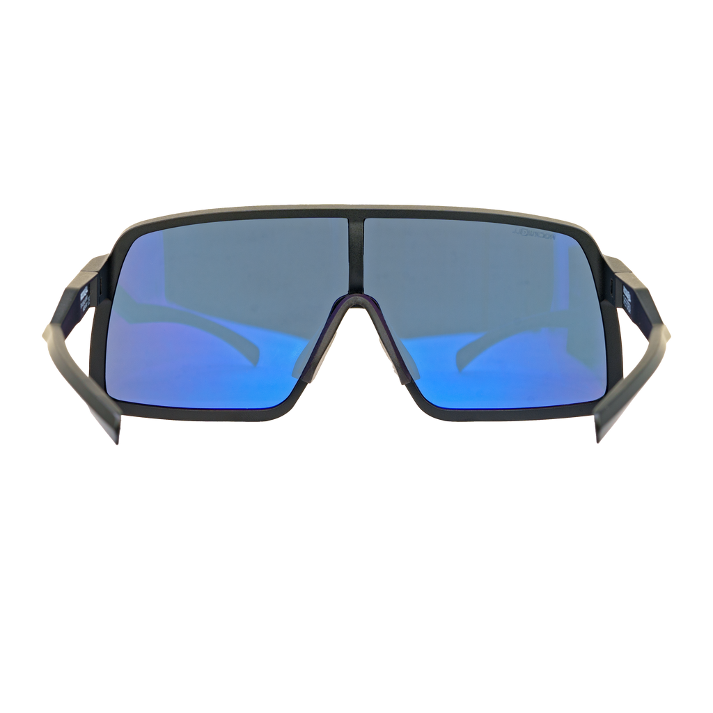 Black frame sunglasses with blue mirrored lenses and centered nose bridge