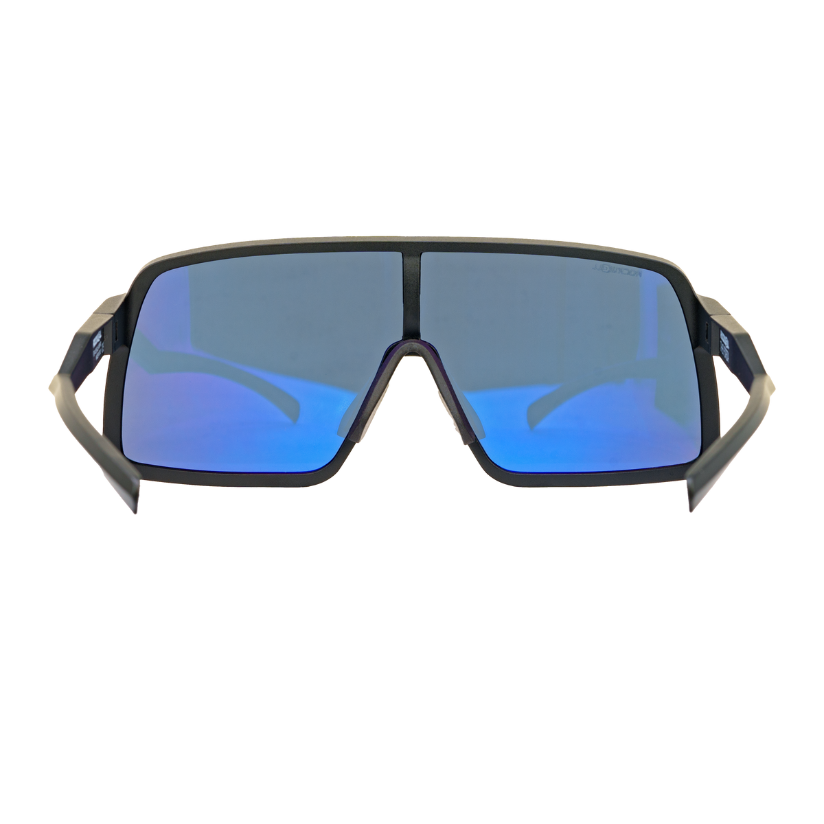 Black frame sunglasses with blue mirrored lenses and centered nose bridge