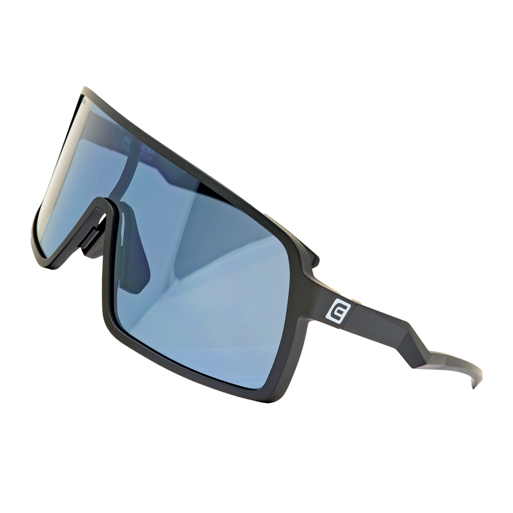 Black wraparound sunglasses with blue mirrored lens and side shield detail