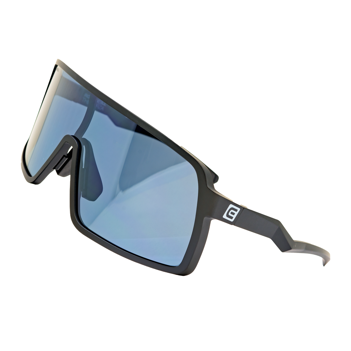 Black wraparound sunglasses with blue mirrored lens and side shield detail