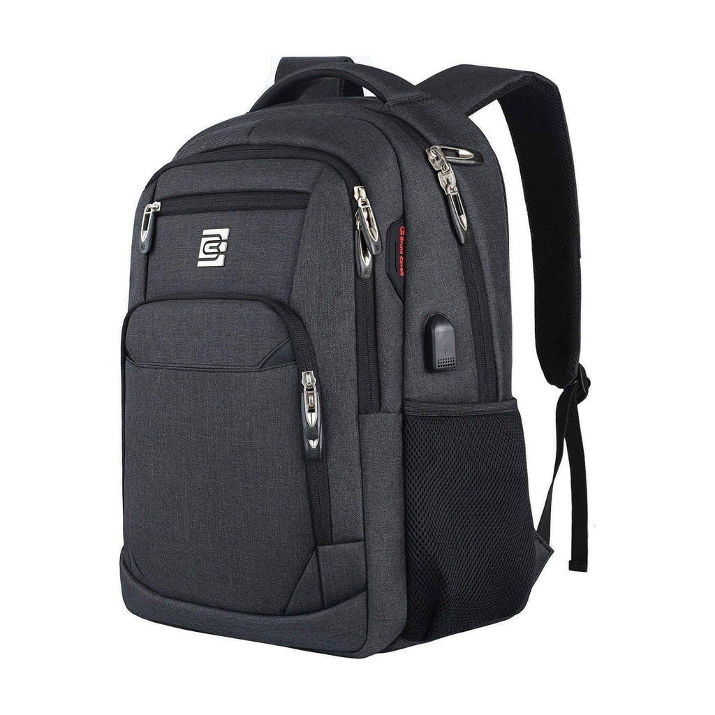 Black laptop backpack with front zipper compartments, side cable port, and mesh side panel