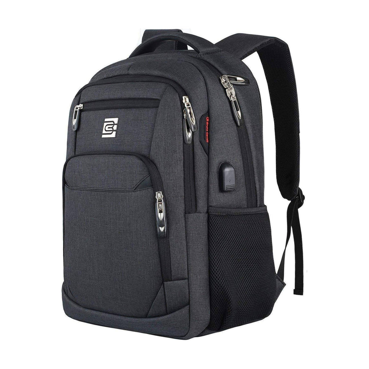 Black laptop backpack with front zipper compartments, side cable port, and mesh side panel