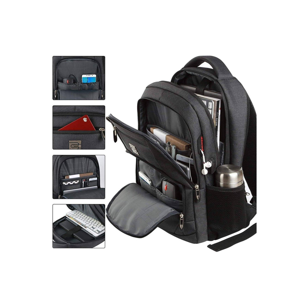 Open black laptop backpack showing front organizers, laptop sleeve, and zipped compartments