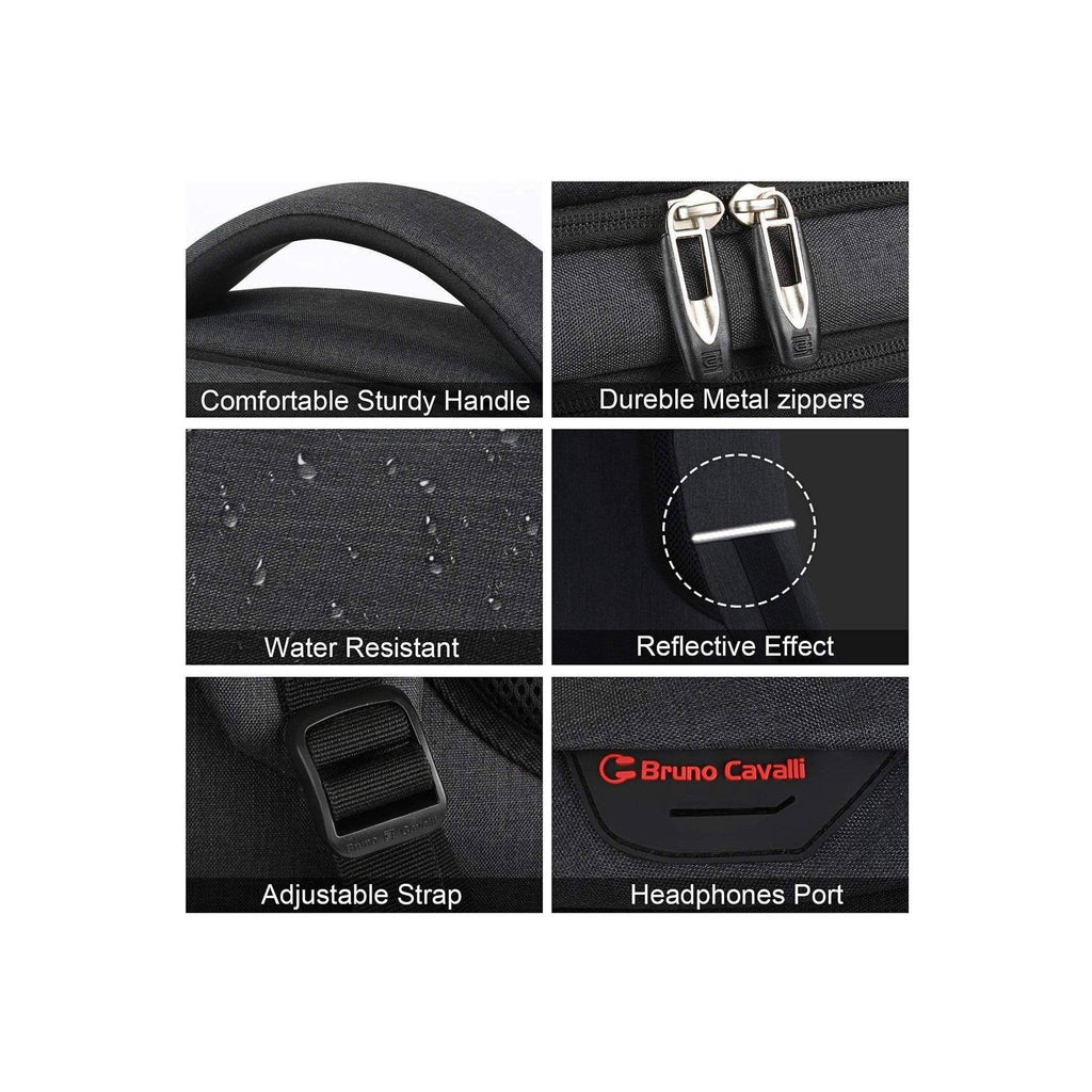 Black laptop backpack details: sturdy handle, metal zippers, water-resistant fabric, reflective accents