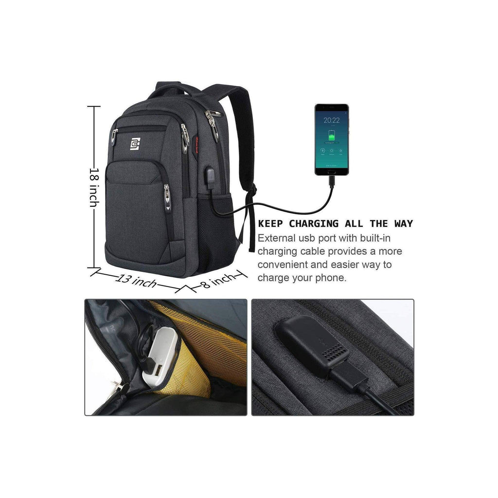 Black laptop backpack with external charging port and inner storage for devices