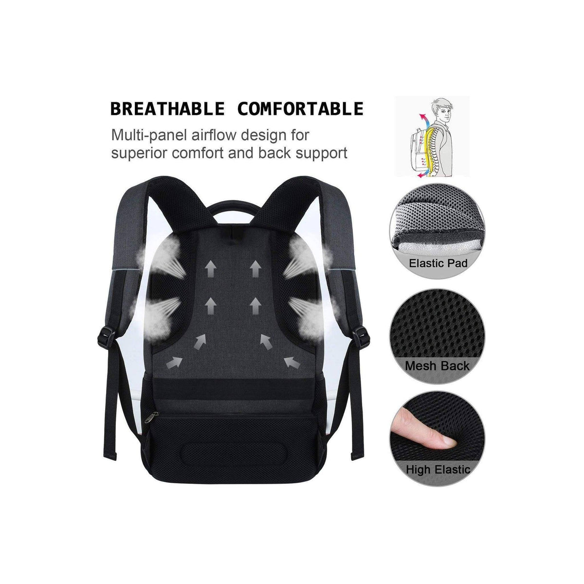Black laptop backpack back with breathable mesh panels and elastic comfort pads