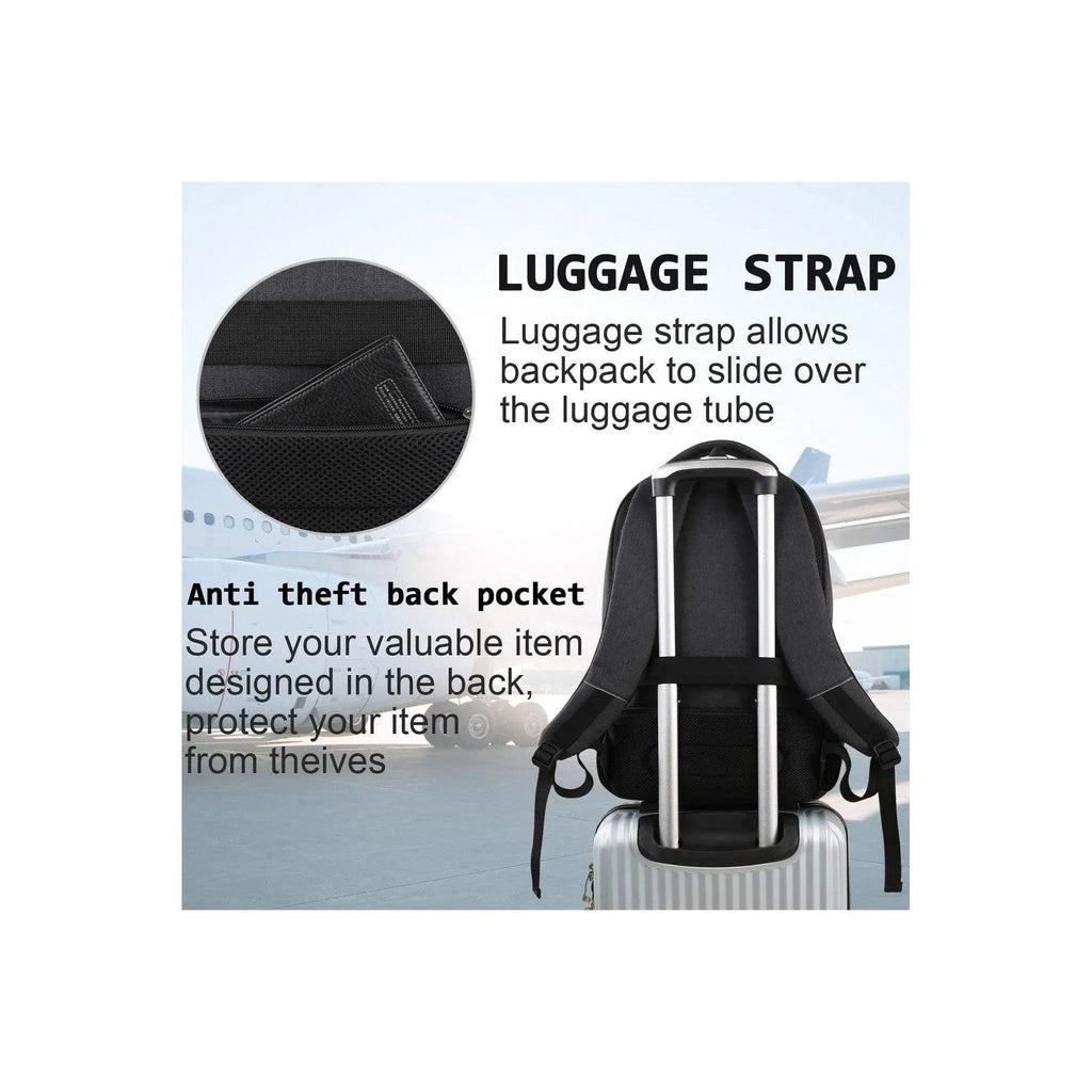 Black laptop backpack with luggage strap and hidden anti-theft back pocket