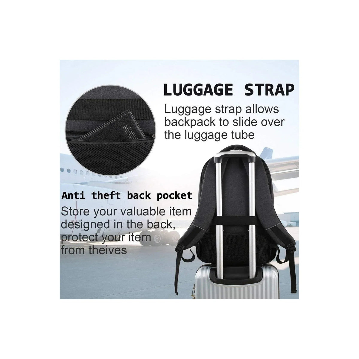 Black laptop backpack with luggage strap and hidden anti-theft back pocket