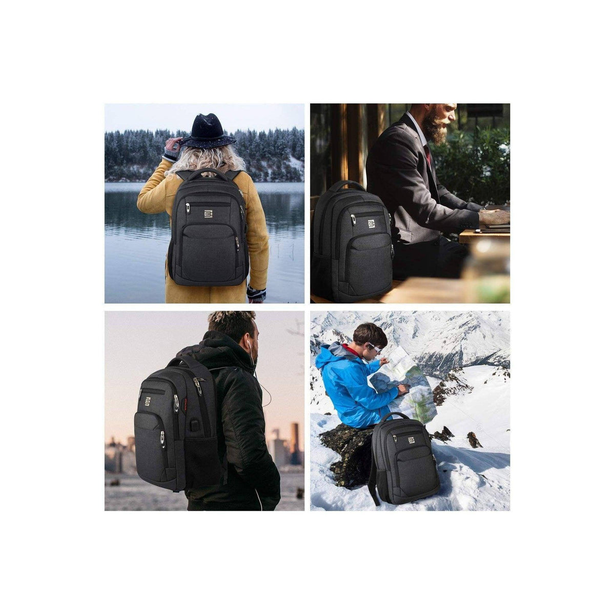 Black laptop backpack on a person with front zip pockets and adjustable shoulder straps
