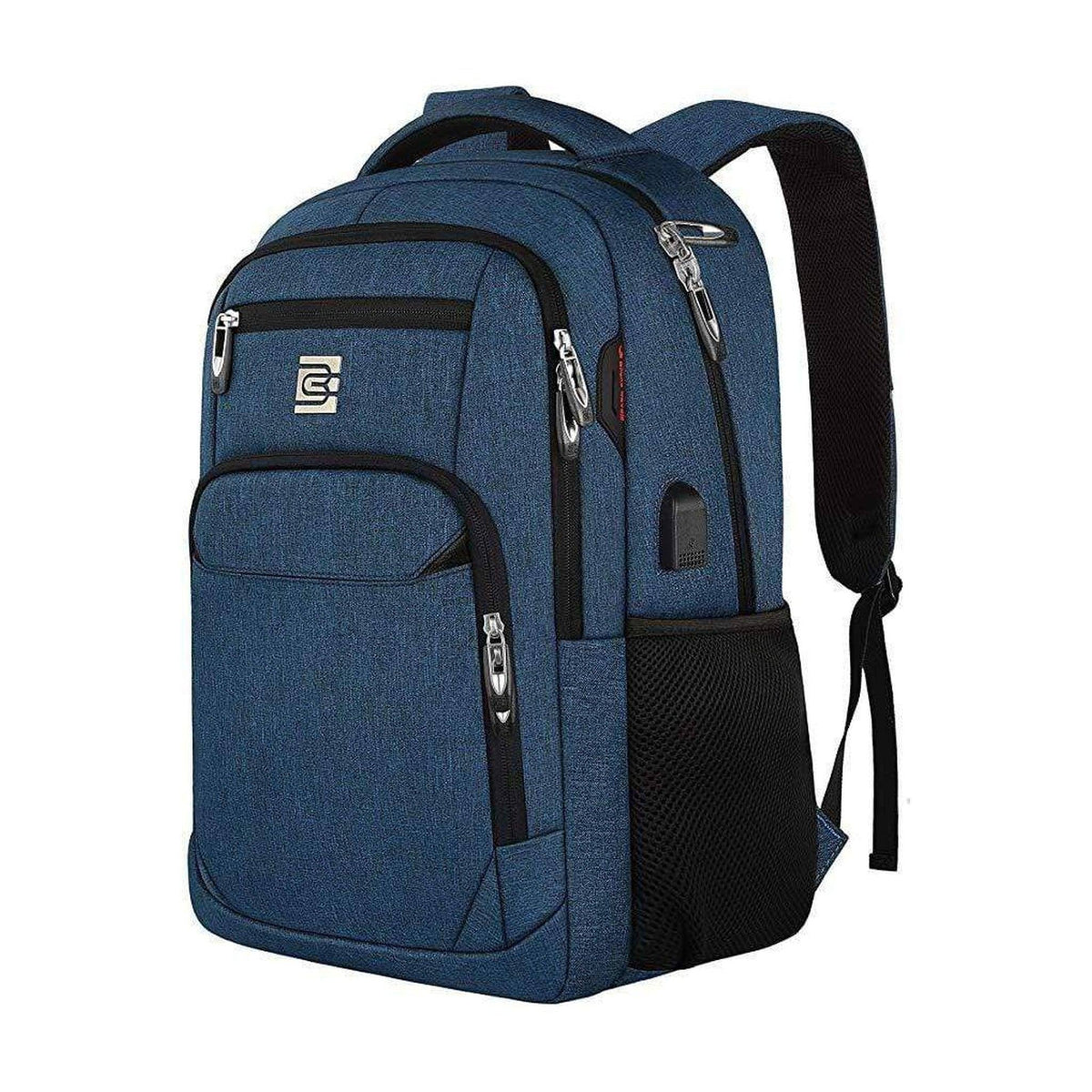 Blue laptop backpack with front zipper pockets, padded handle, and mesh side panel