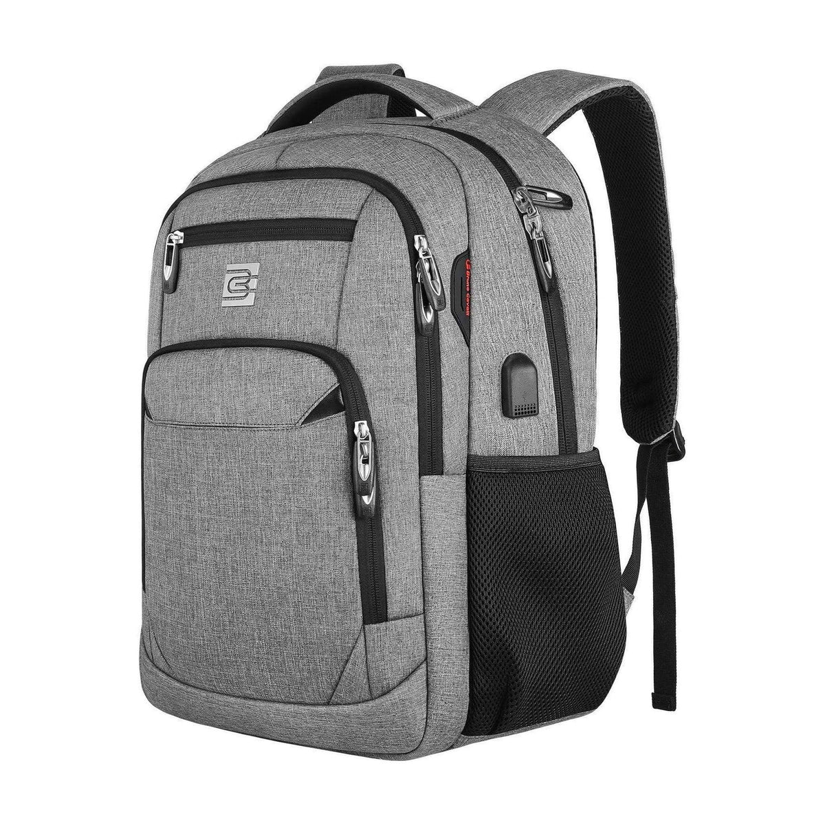 Grey laptop backpack with front zip compartments, padded handle, and mesh side panel