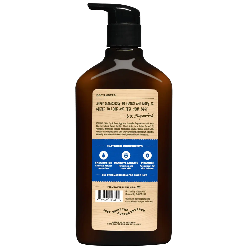 Moisturizing lotion bottle back view with ingredient and instructions label