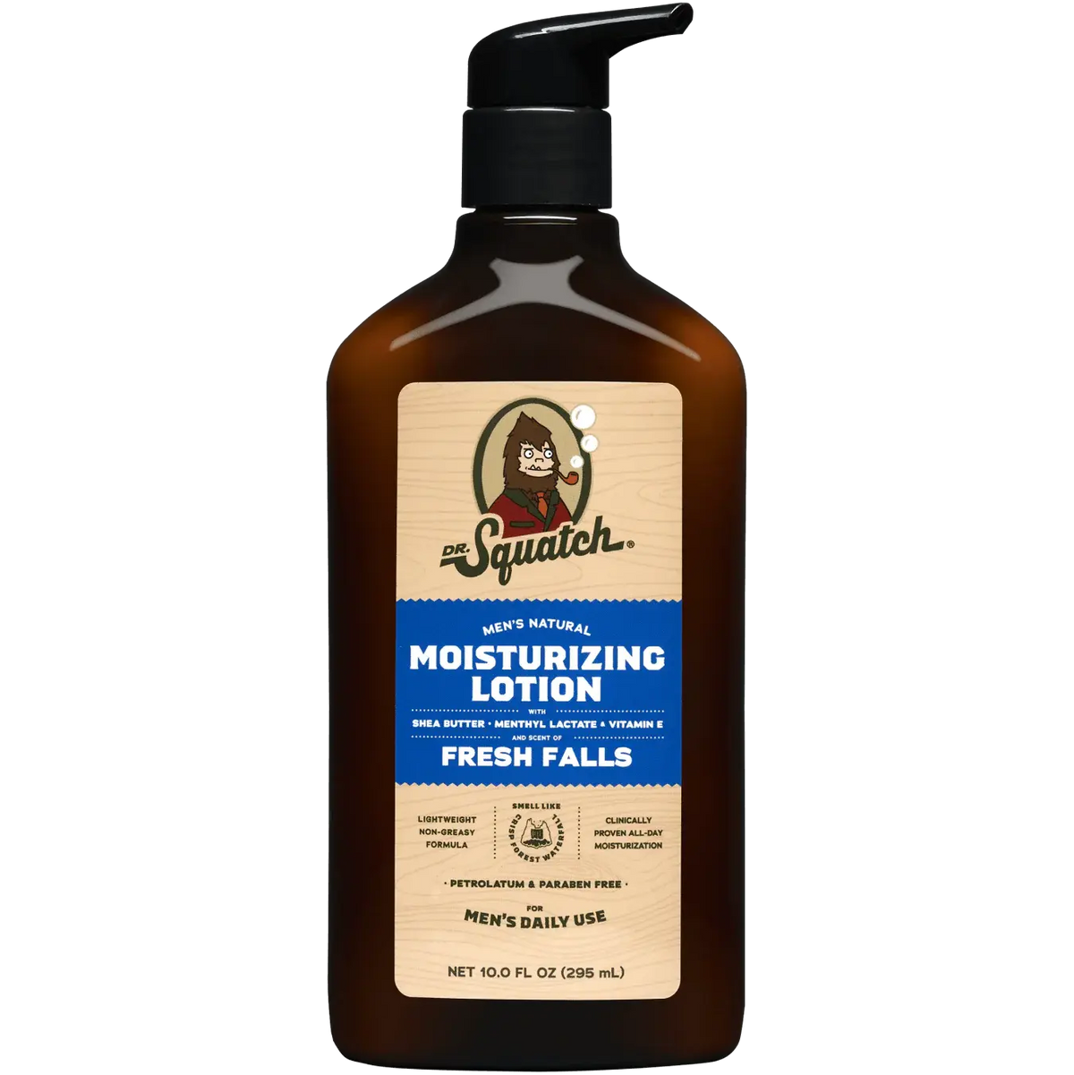 Moisturizing lotion bottle front view, black pump, Fresh Falls label