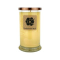 18oz soy candle in clear glass jar, Frankincense & Myrrh label, gold lid