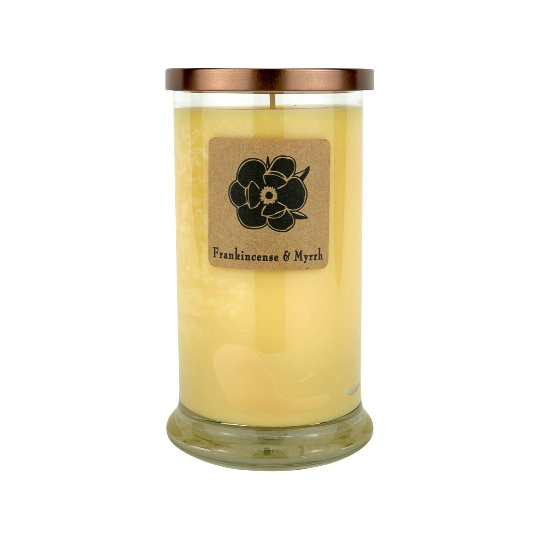 18oz soy candle in clear glass jar, Frankincense & Myrrh label, gold lid