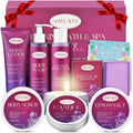 Lavender spa gift set featuring lotion, body wash, bubble bath, bar soap, salts, scrub, candle