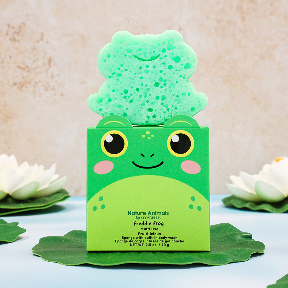 Frog-shaped bath sponge with green frog-face box, mint speckled sponge and smiling face
