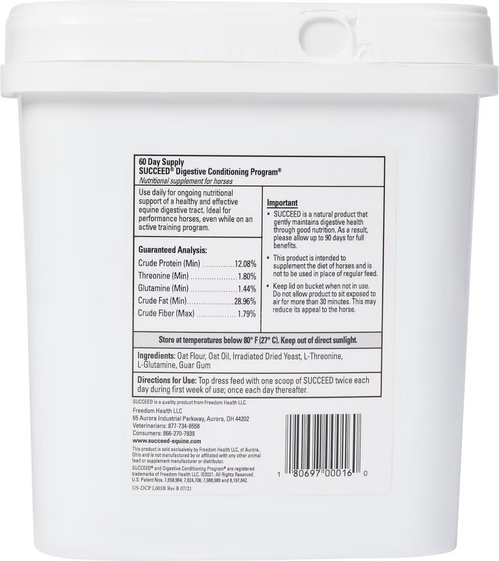 Succeed digestive conditioning granules for horses, supplement facts label on bucket back