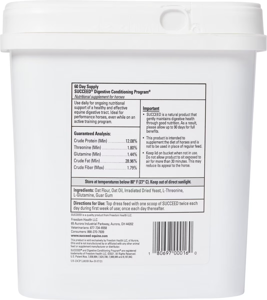 Succeed digestive conditioning granules for horses, supplement facts label on bucket back