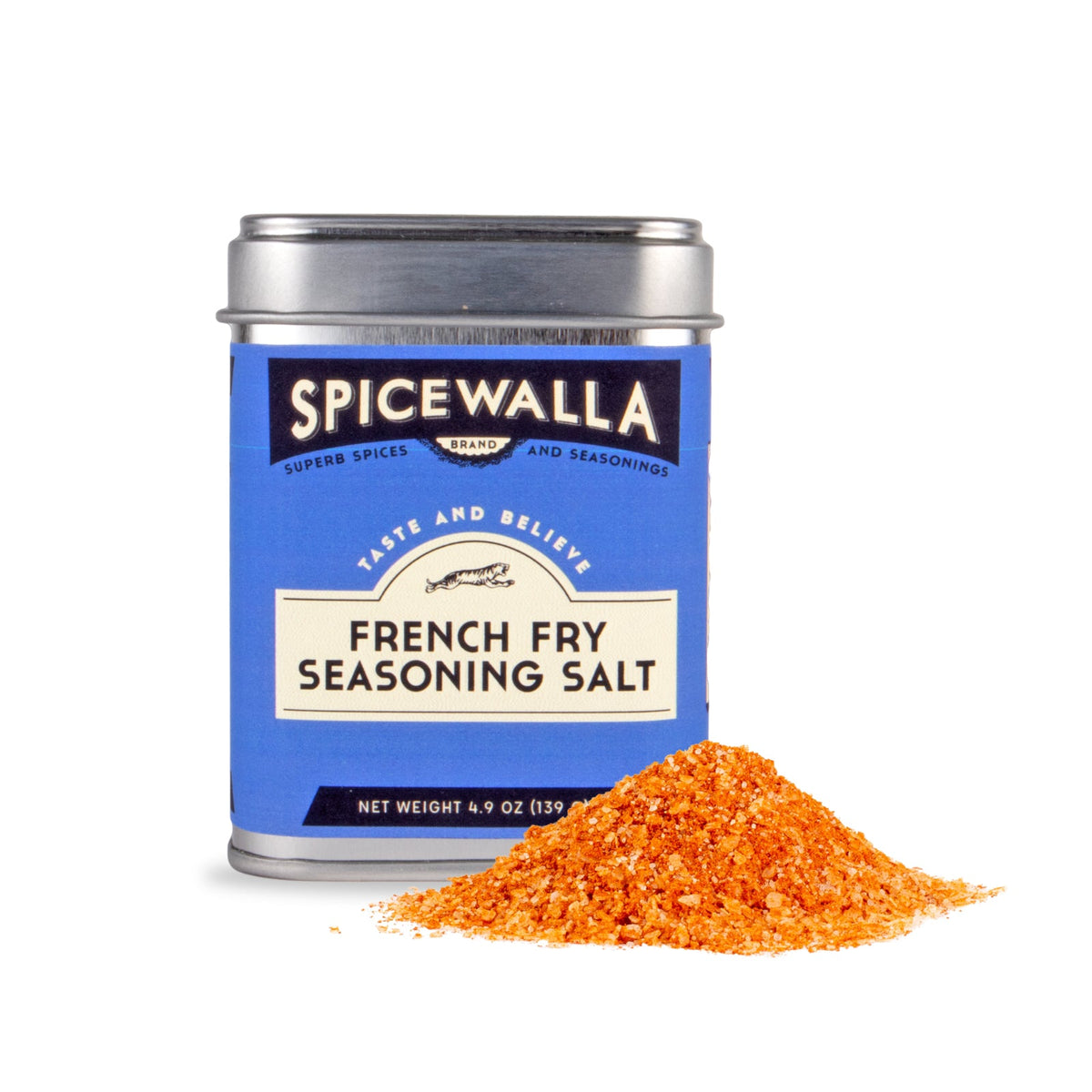 French fry seasoning salt tin with metal lid and orange spice pile