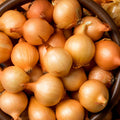 Yellow onion sets with papery golden skins, piled together.