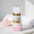 Fresh face gift set in clear box, lotion and scrub with gold lids and pink accents