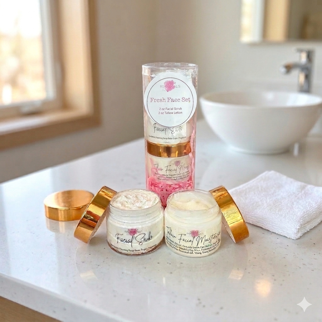 Fresh face skincare set with lotion and scrub jars, gold lids, cream contents