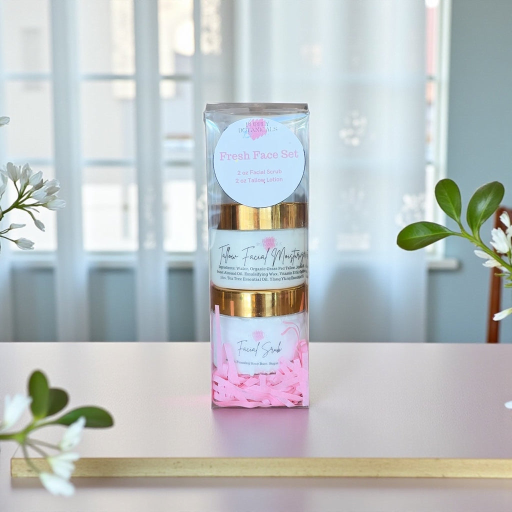 Fresh face gift set clear box, lotion and scrub jars with gold caps and pink accents