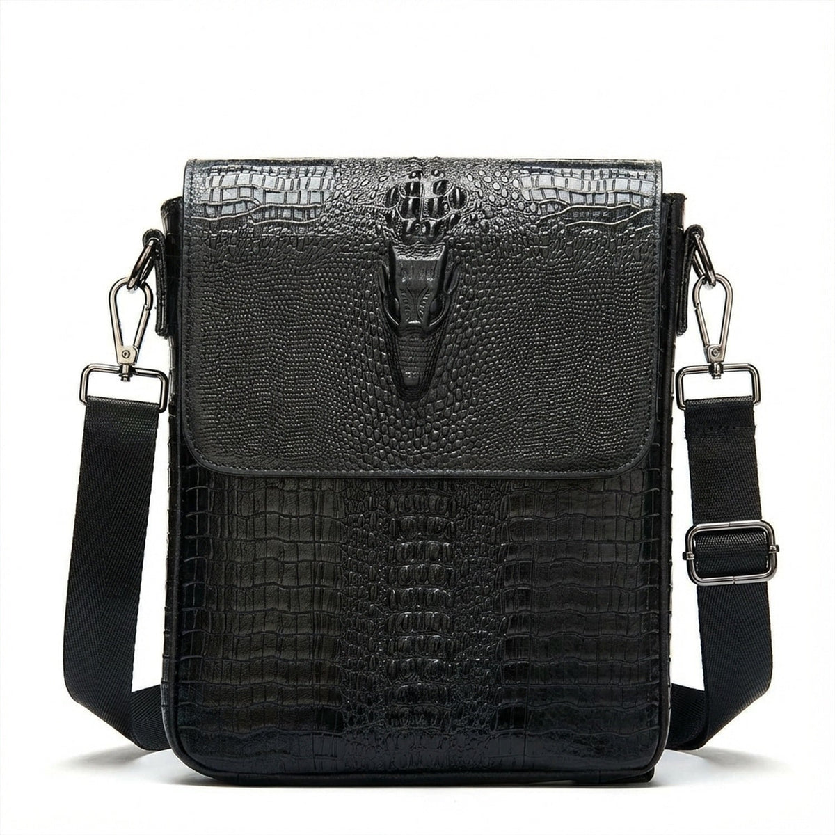 Front view black croc-embossed leather sling bag with snap flap and shoulder strap