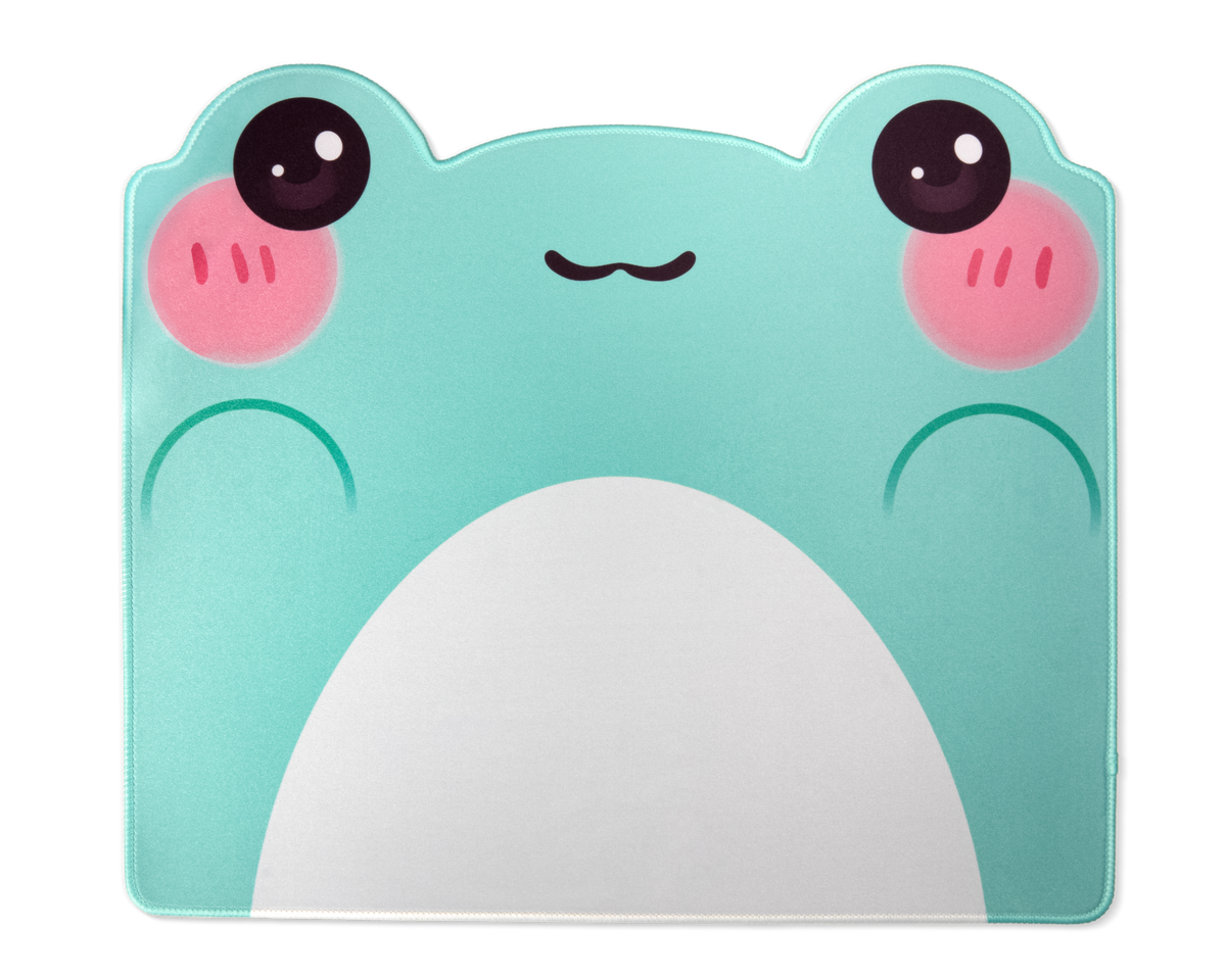 Teal frog desk mat with smiling eyes, pink cheeks, and white belly graphic
