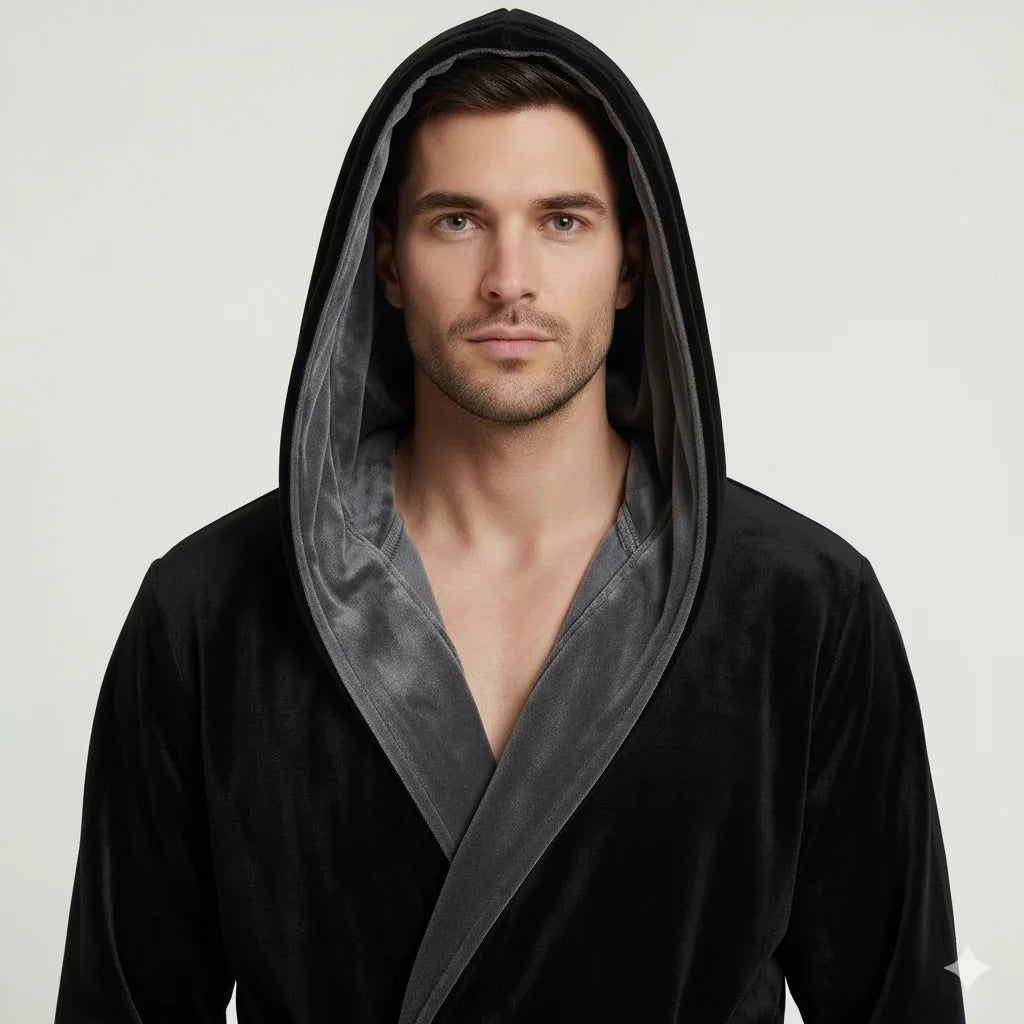 Men's hooded plush robe in black with gray hood lining and V-neck wrap