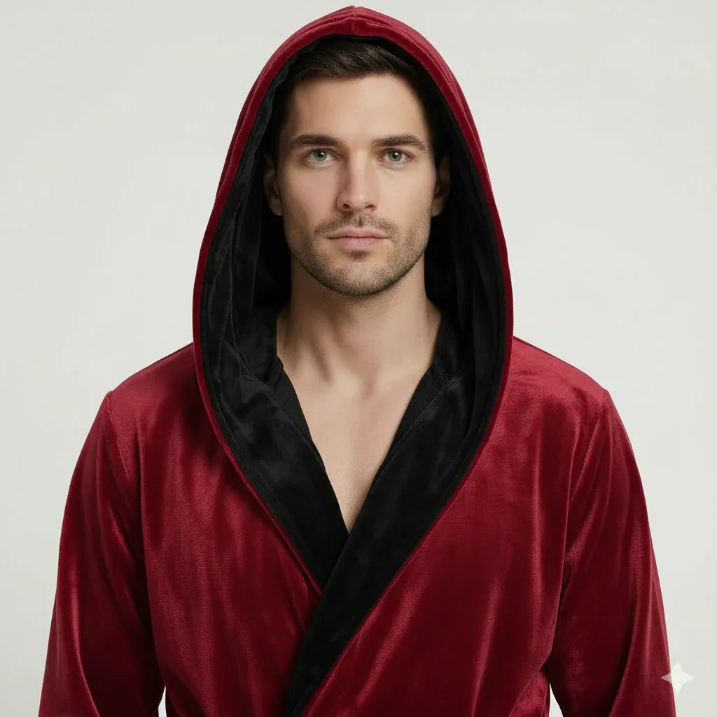 Men's hooded plush robe in burgundy with black hood lining and V-neck wrap