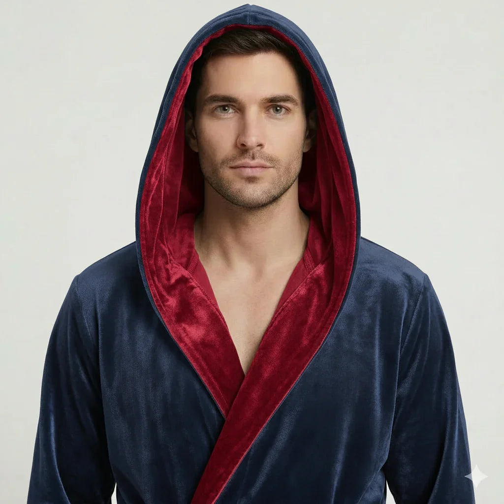 Men's hooded plush robe in navy with red hood lining and V-neck wrap