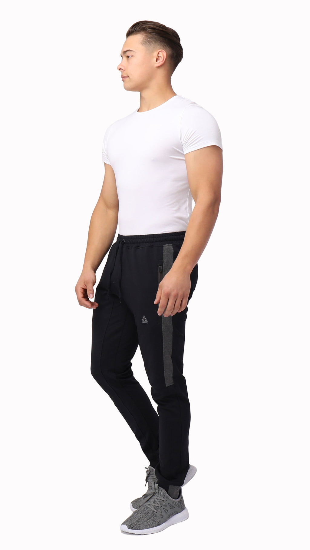 Tall fit jogger pants in dark color with adjustable drawstring waist and side stripe