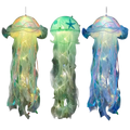 Jellyfish lamp with green glowing tentacles and hanging cord lights