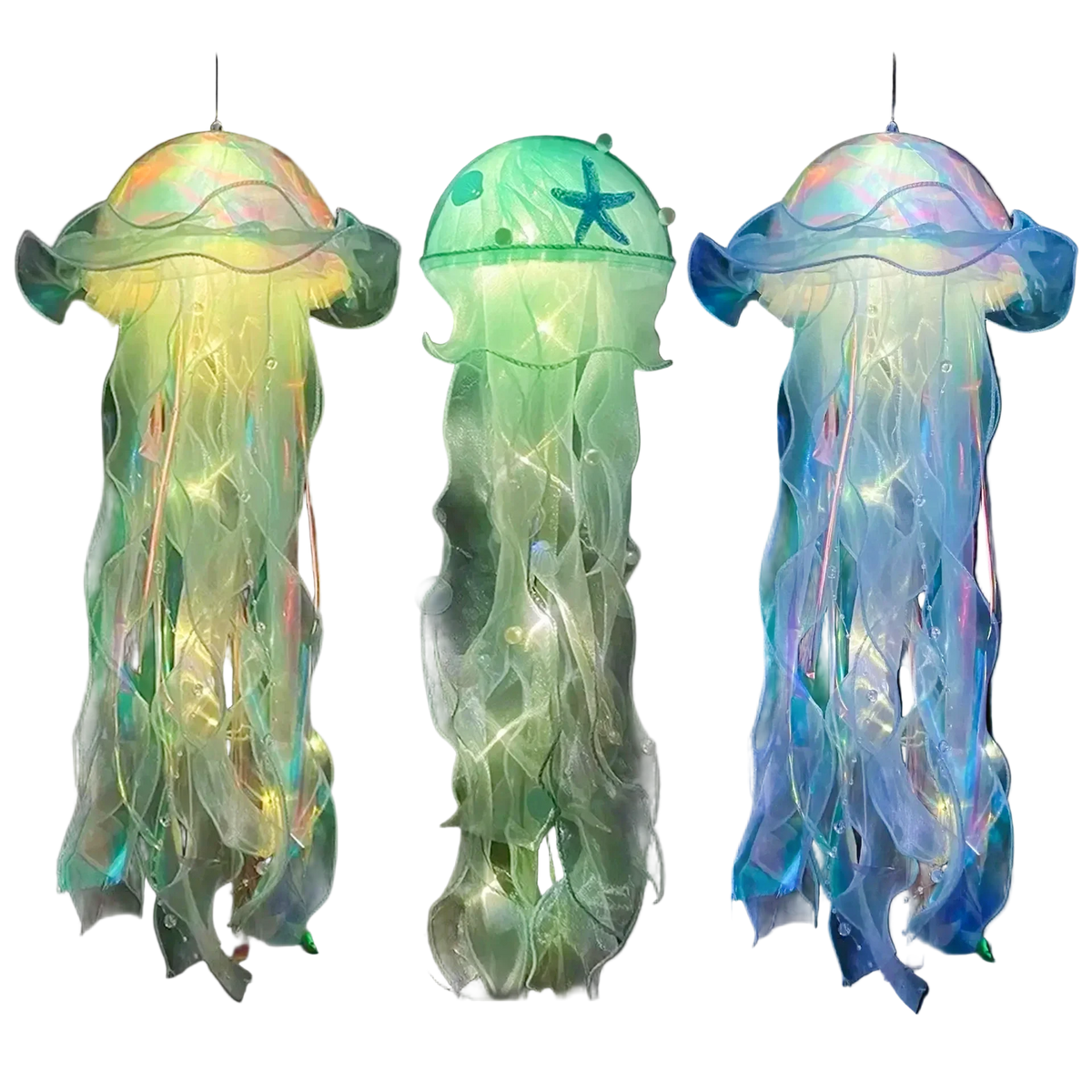 Jellyfish lamp with green glowing tentacles and hanging cord lights