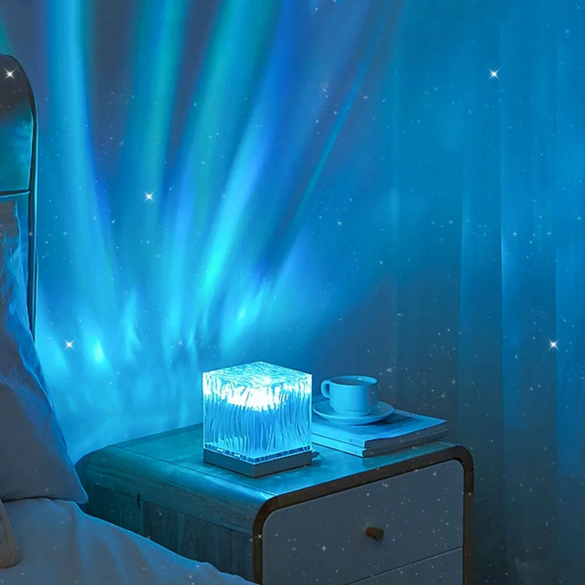 Frutiger RGB bedroom nightlight projector with blue laser-style light beam, rectangular base