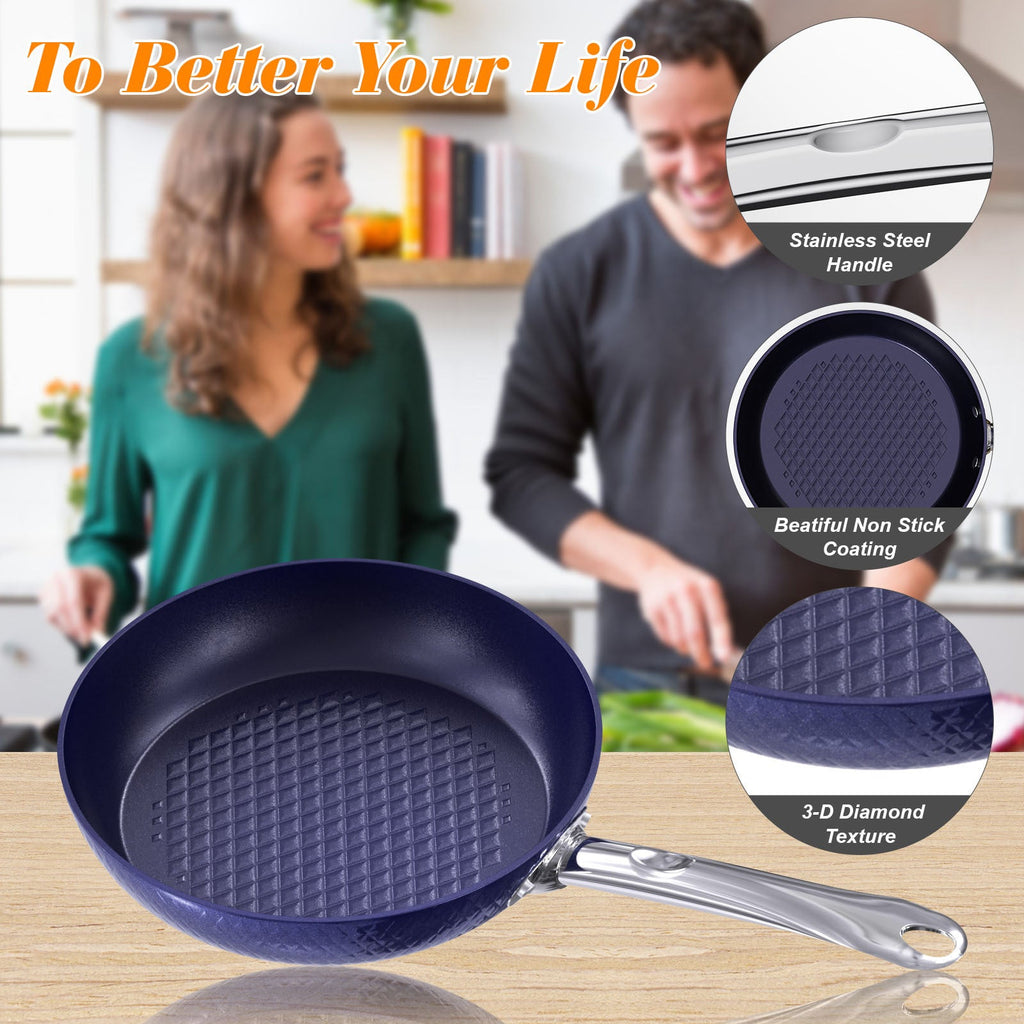 Blue nonstick frying pan with textured surface and silver handle