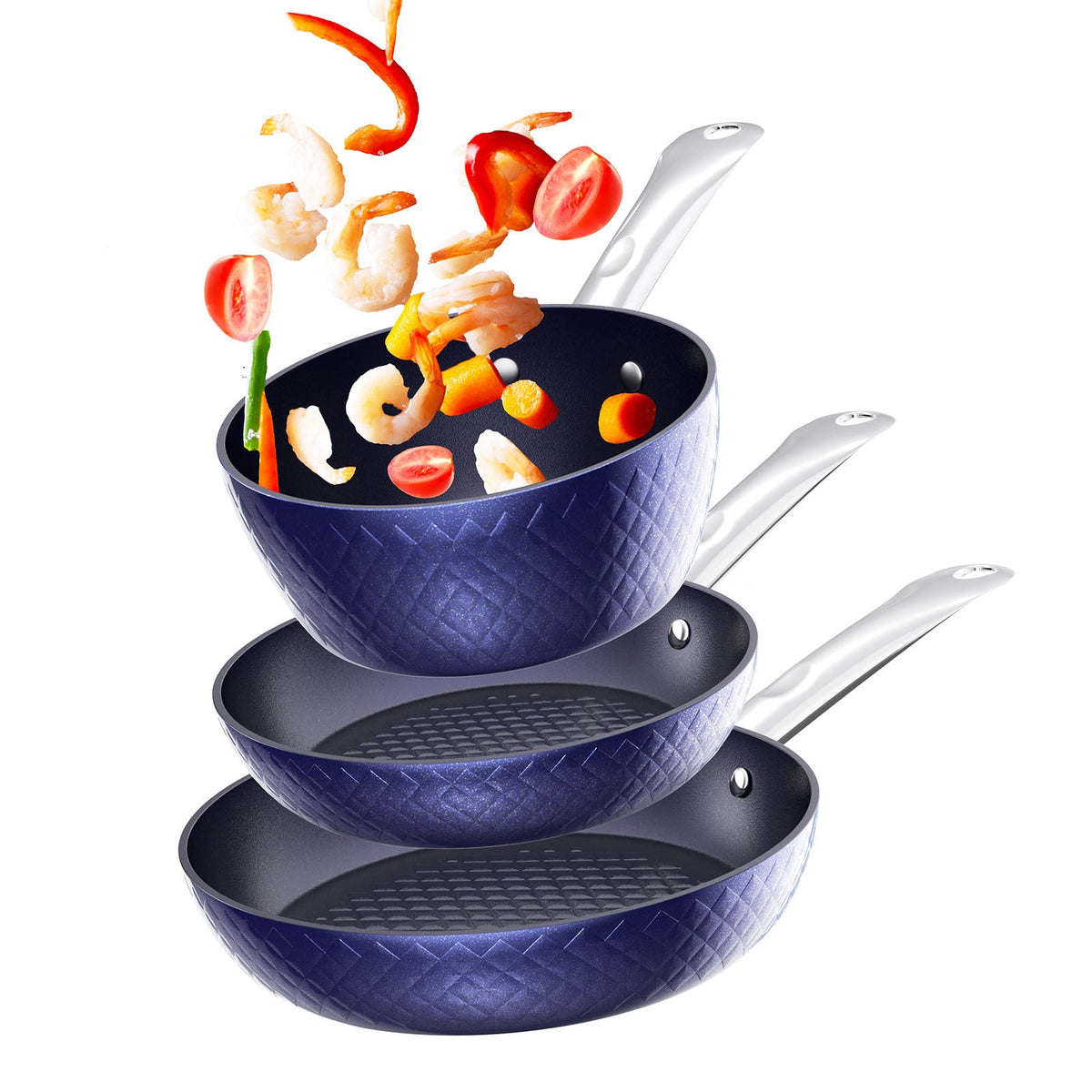 Blue nonstick frying pan set, three textured pans with silver handles